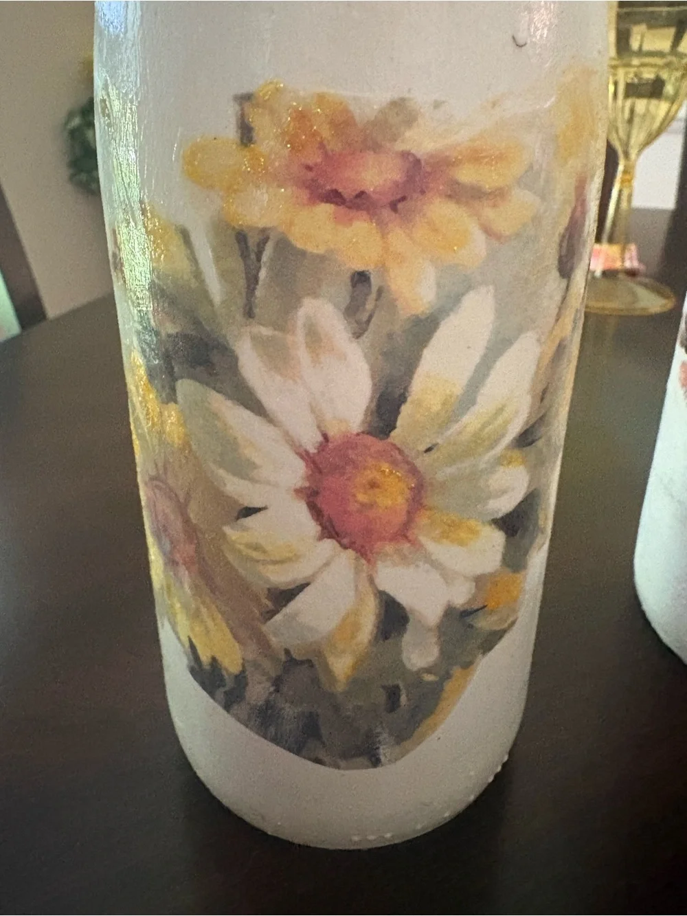 Handcrafted White/Cream Floral Decoupage Wine Bottle Accent - Decorative accent
